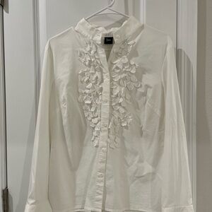 White Ruffled Floral Applique Button-Up Blouse